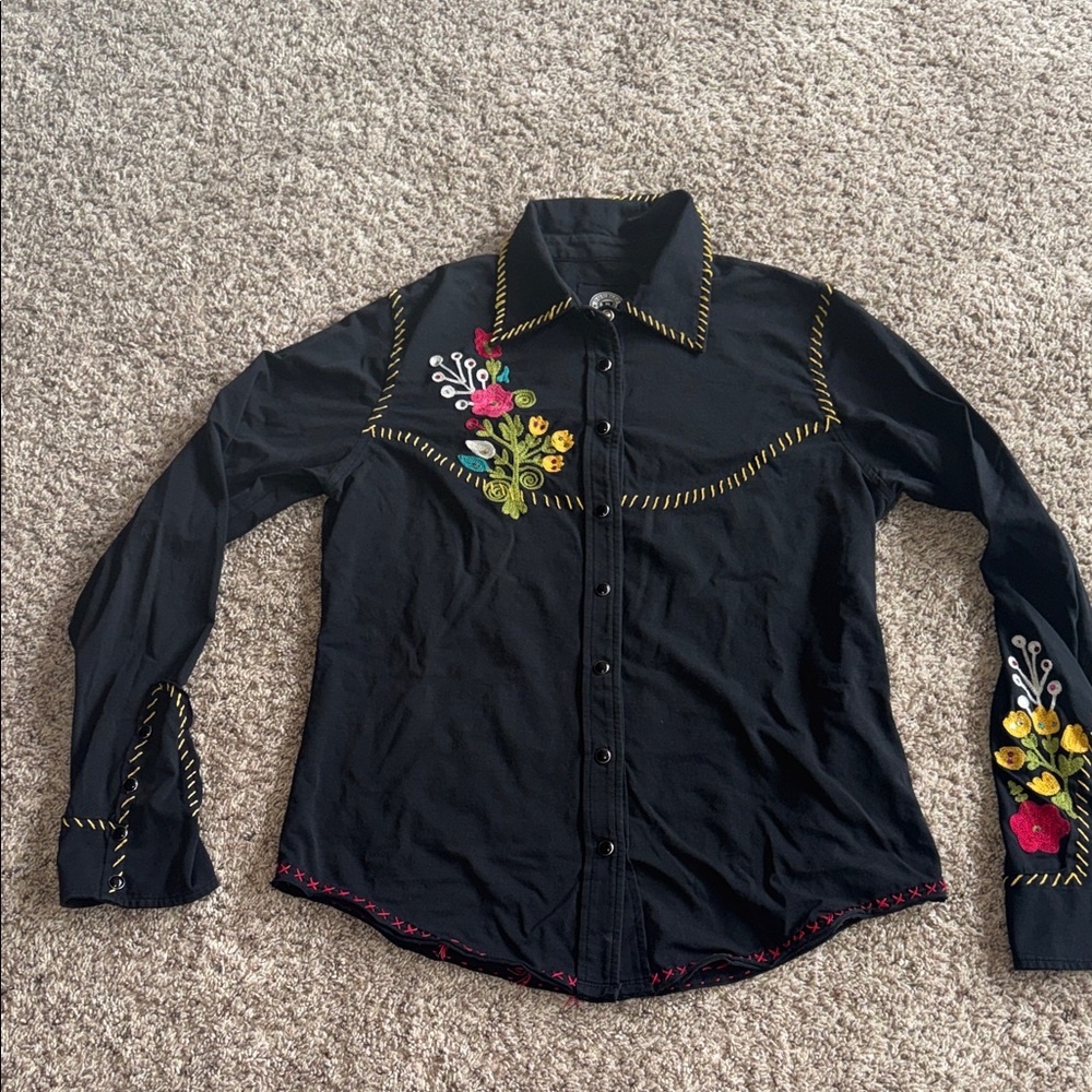 Double D Ranch black snap button down with embroi… - image 1